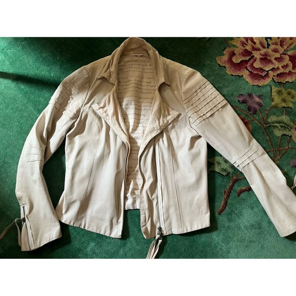 SUNDANCE women’s lambskin Leather & Linen Moto fitted Jacket cropped Coat - Picture 1 of 12